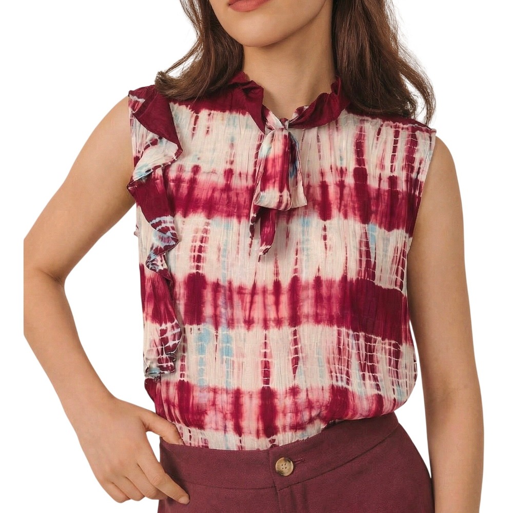 Sandro Silk Tie Dye Ruffle Blouse Womens 3 L Burgundy White Sleeveless Excellent